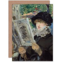 Artery8 Manet Woman Reading Book Impressionist Painting Fine Art Greetings Card in Green