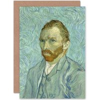Artery8 Vincent Van Gogh Self Portrait Painting Fine Art Greetings Card in Pale Blue