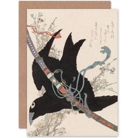 Artery8 Hokusai Little Crow Sword of the Minamoto Fine Art Greetings Card in Black