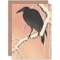Artery8 Ohara Koson Crow On Snowy Branch Japan Painting Fine Art Greetings Card in Dusty Pink