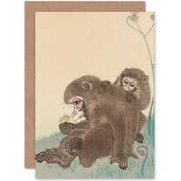 Artery8 Ohara Koson Two Monkeys With Butterfly Painting Fine Art Greetings Card in Beige