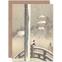 Artery8 Ohara Koson Torii Gate In The Snow Bird Japan Fine Art Greetings Card in Light Grey