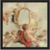 Artery8 Wall Art Print De Wit Putti With Mirrors Cherub Babies Painting Square Framed Picture 16X16 Inch in Black | Size: W16" x H16"