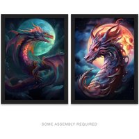 Artery8 A4 Wall Art & Frame Set of 2 Dragon Moon Fantasy Mystical Serpent in Dark Blue