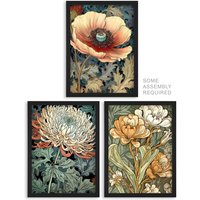 Artery8 A4 Wall Art & Frame Set of 3 Anemone Chrysanthemum Freesia Flowers in Pale Orange