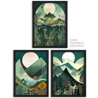 Artery8 A4 Wall Art & Frame Set of 3 Forest Mountain Full Moon Sunrises in Green