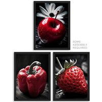 Artery8 A4 Wall Art & Frame Set of 3 Red Apple Pepper Strawberry Kitchen