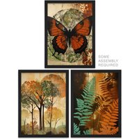 Artery8 A4 Wall Art & Frame Set of 3 Botanical Autumn Butterfly Ferns Trees in Orange