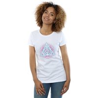 Harry Potter Women's Neon Deathly Hallows Cotton T-Shirt in White | Size: 2XL