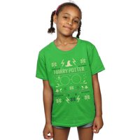 Harry Potter Girl's Christmas Pattern Cotton T-Shirt in Green | Size: 5-6 Years
