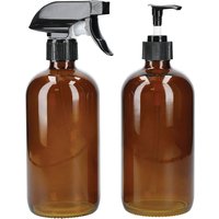 KitchenCraft 2pc Living Nostalgia Refillable Pump & Spray Glass Bottle Set, Amber in Brown