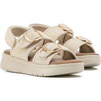 VIVA Luna: Women's Big Buckle Adjustable Two Strap Flatform Wedge Sandals in Cream | Size: 6