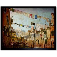 Artery8 Wall Art Print Venice Canal Italy Clothesline Washing Line Laundry Retro Style Photograph Art Framed in Black | Size: W12" x H16"