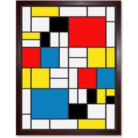 Artery8 Wall Art Print Piet Mondrian Composition with Red Blue & Yellow 1930 Abstract Cubes Squares Rectangles Art Framed in Brown | Size: W12" x H16"