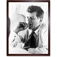 Artery8 President John F Kennedy Smoke Cigar JFK USA Framed Art Print in Brown | Size: W12" x H16"