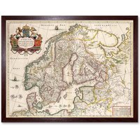 Artery8 Wall Art Print Vintage Antique Map Scandinavia Norway Sweeden Finland Art Framed in Brown | Size: W12" x H16"
