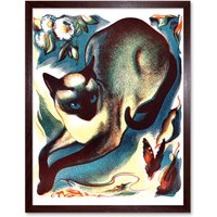 Artery8 Wall Art Print Siamese Cat Flower & Butterfly Animal Linocut Colourful Art Framed in Brown | Size: W12" x H16"