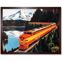 Artery8 Wall Art Print Southern Pacific Train Railroad Travel Retro Ad Mountain Landscape Painting Art Framed in Brown | Size: W12" x H16"