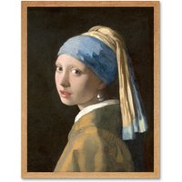 Artery8 Wall Art Print Johannes Vermeer With a Pearl Earring Old Master Painting Portrait Art Framed in Light Oak | Size: W12" x H16"