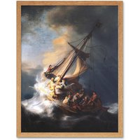 Artery8 Rembrandt Christ Storm On Lake Of Galilee Old Framed Art Print in Light Oak | Size: W12" x H16"