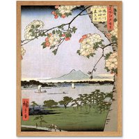 Artery8 Wall Art Print Utagawa Hiroshige 100 Views Edo 035 Japan Landscape Ukiyo-e Woodblock Landscape Art Framed in Light Oak | Size: W12" x H16"
