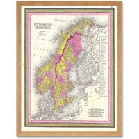 Artery8 Wall Art Print 1850 Mitchell Vintage Map Scandinavia Colour Coding Sweden & Norway Art Framed in Light Oak | Size: W12" x H16"