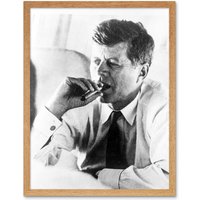 Artery8 President John F Kennedy Smoke Cigar JFK USA Framed Art Print in Light Oak | Size: W12" x H16"