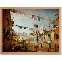 Artery8 Wall Art Print Venice Canal Italy Clothesline Washing Line Laundry Retro Style Photograph Art Framed in Light Oak | Size: W12" x H16"