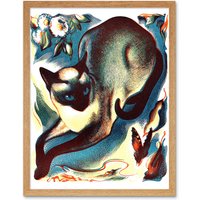 Artery8 Wall Art Print Siamese Cat Flower & Butterfly Animal Linocut Colourful Art Framed in Light Oak | Size: W12" x H16"