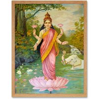 Artery8 Wall Art Print Hindu Deity Goddess Lakshmi Raja Ravi Varma Lotus Elephants Oleograph Painting Art Framed in Light Oak | Size: W12" x H16"