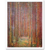 Artery8 Wall Art Print Old Master Painting Gustav Klimt Tannenwald I Pine Tree Forest Landscape Art Framed in White | Size: W12" x H16"