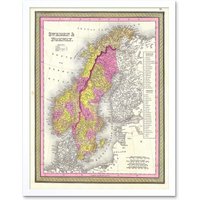 Artery8 Wall Art Print 1850 Mitchell Vintage Map Scandinavia Colour Coding Sweden & Norway Art Framed in White | Size: W12" x H16"