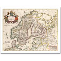 Artery8 Wall Art Print Vintage Antique Map Scandinavia Norway Sweeden Finland Art Framed in White | Size: W12" x H16"