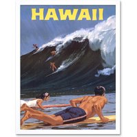 Artery8 Wall Art Print Travel Tourism Retro Poster Hawaii USA Summer Surf Surfing Ocean Sea Wave Art Framed in White | Size: W12" x H16"