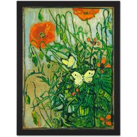 Artery8 Wall Art Print Vincent Van Gogh Butterflies & Poppies Large Framed Wall Décor Art in White | Size: W18" x H24"