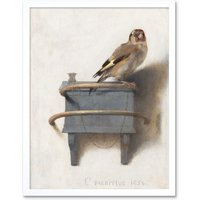 Artery8 Wall Art Print The Goldfinch Carel Fabritius 1654 Painting Chained Bird on Perch Art Framed in White | Size: W12" x H16"