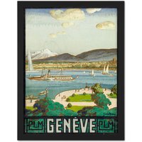 Artery8 Wall Art Print La Neziere Lake Geneva Switzerland Travel Advert Large Framed Wall Dรฉcor Art in Light Oak | Size: W18" x H24"