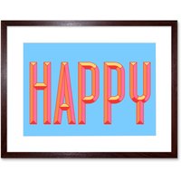 Artery8 Wall Art Print Happy Word Art Bright Artwork Framed 9X7 Inch in Brown | Size: W7" x H9"