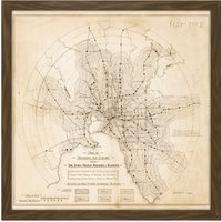 Artery8 Wall Art Print Map Transport Mmtb 1922 Melbourne Trams Trains Replica Square Framed Picture 16X16 Inch in Brown | Size: W16" x H16"