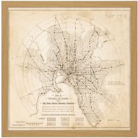 Artery8 Wall Art Print Map Transport Mmtb 1922 Melbourne Trams Trains Replica Square Framed Picture 16X16 Inch in Light Oak | Size: W16" x H16"