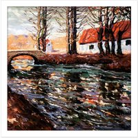 Artery8 Wall Art Print Lawson River Landscape Bridge House Painting Square Framed Picture 16X16 Inch in White | Size: W16" x H16"