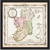 Artery8 Wall Art Print Map Antique De La Tour 1766 Ireland Historic Replica Square Framed Picture 16X16 Inch in Black | Size: W16" x H16"