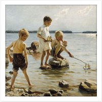 Artery8 Wall Art Print Albert Edelfelt - Boys Playing On The Shore Square Framed Picture 16X16 Inch in White | Size: W16" x H16"