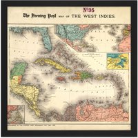 Artery8 Wall Art Print Evening Post 1898 Political Map West Indies Square Framed Picture 16X16 Inch in Black | Size: W16" x H16"