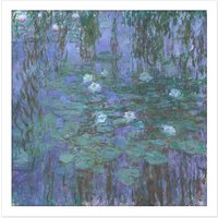 Artery8 Wall Art Print Claude Monet Blue Water Lilies Painting Square Framed Picture 16X16 Inch in White | Size: W16" x H16"