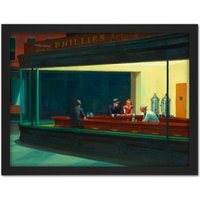 Artery8 Wall Art Print Hopper Nighthawks Iconic Painting Large Framed Wall Décor Art in White | Size: W18" x H24"