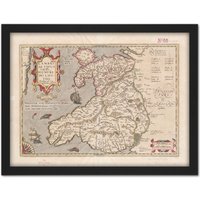 Artery8 Wall Art Print Hondius 1633 Welsh Latin Early Map Wales Cymru Large Framed Wall Dรฉcor Art in White | Size: W18" x H24"