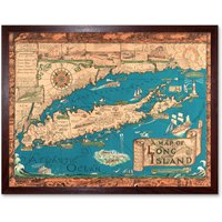 Artery8 Wall Art Print Vintage Pictorial Historical Map Long Island New York Smith 1933 Art Framed in Brown | Size: W12" x H16"
