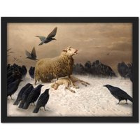 Artery8 Wall Art Print Schenck Anguish Sheep Ewe Crows Carrion Painting Large Framed Wall Décor Art in Brown | Size: W18" x H24"