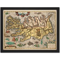 Artery8 Wall Art Print Map Ortelius 1585 Iceland Sea Monsters Pictorial Large Framed Wall Dรฉcor Art in White | Size: W18" x H24"
